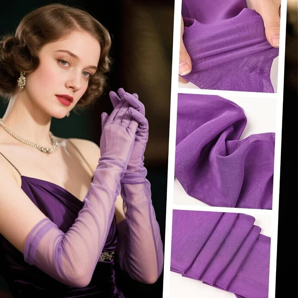 Women's Tulle Purple Long Satin Gloves Evening Elbow Length Party Costumes